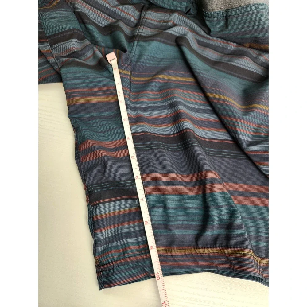 Prana Mens XL Breathe Shorts Blue Teal Striped Elastic Waist Outdoor Hiking